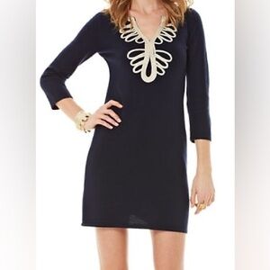 Lilly Pulitzer Devlin Wool Dress in Navy with Gold Trim